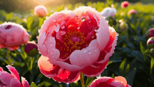 AI floral image of a pink peony with sparkling dewdrops, bathed in soft golden morning light — evoking gentleness, hope, and natural beauty.