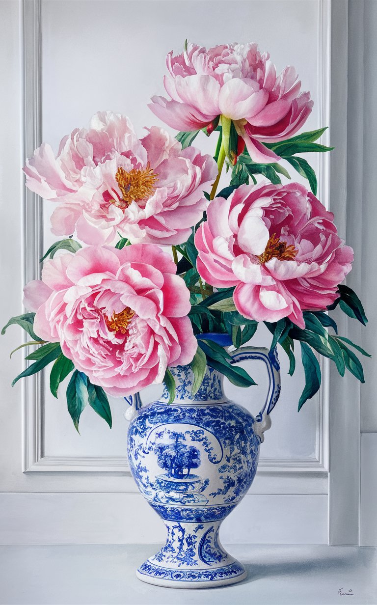 Watercolour painting of blue and white chinoiserie vase with delicate pink peonies on white panelled wall