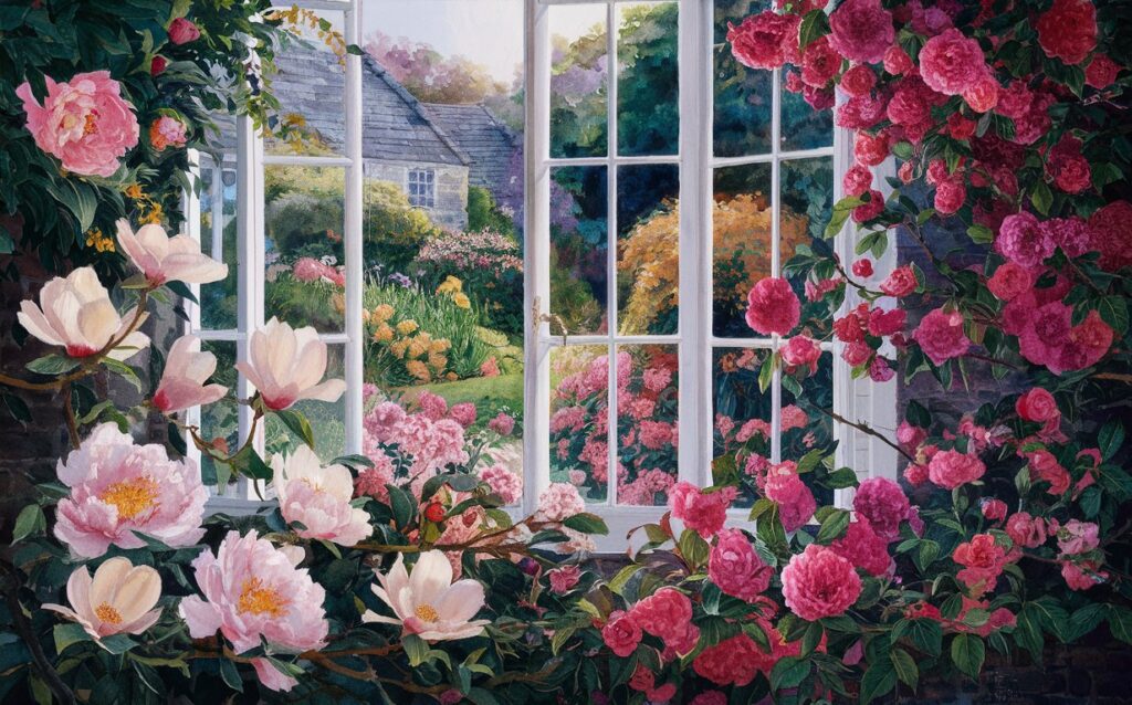 Captivating watercolour paintng of a garden seen through an open window which itself is draped in flowers. capturing the beauty of God's creation. Reflection. prayerful vibe.