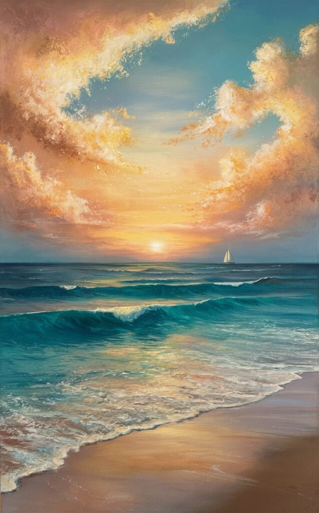 Landscape painting of rolling ocean waves and a golden sunset with soft blue and gold tones, evoking peace and serenity.