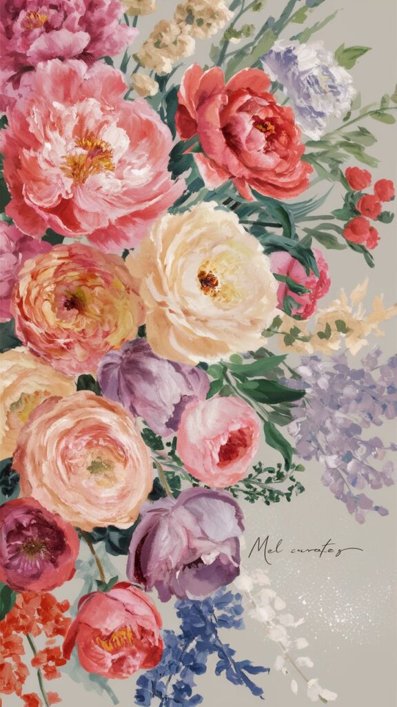 Impressionist painting of coral and pink peonies and ranunculus on an ivory background with soft, textured brushstrokes.