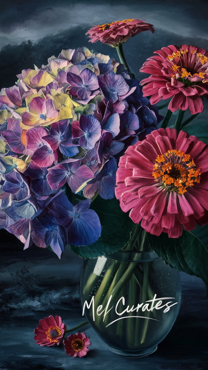 AI-generated floral artwork of hydrangeas in a vase, featuring moody maroon and purple tones with a reflective, painterly atmosphere.