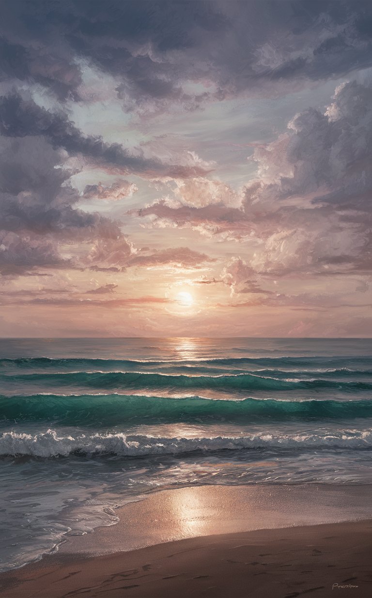 Sunrise painting of a peaceful beach where the golden horizon melts into soft, tranquil waves; symbolizing serenity and spiritual peace.