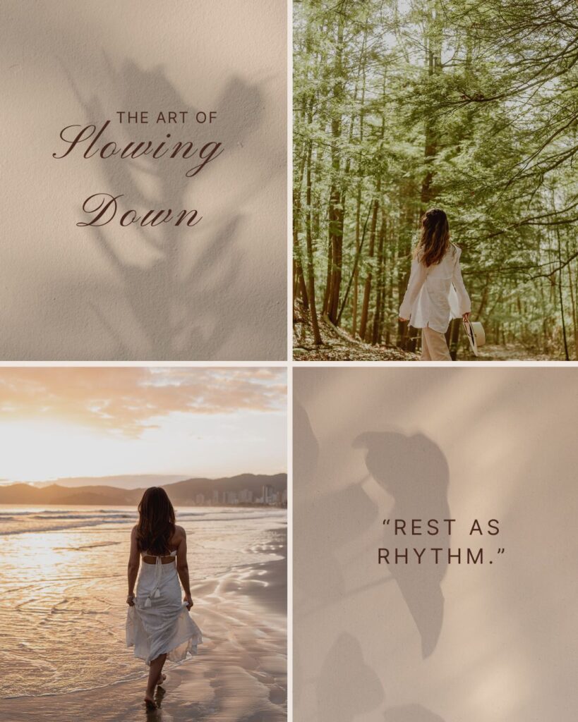 Collage of serene summer nature scenes featuring a woman walking through a sunlit forest and along a golden beach, overlaid with earthy textures and gentle line drawings, symbolizing peaceful, intentional living and spiritual rest.