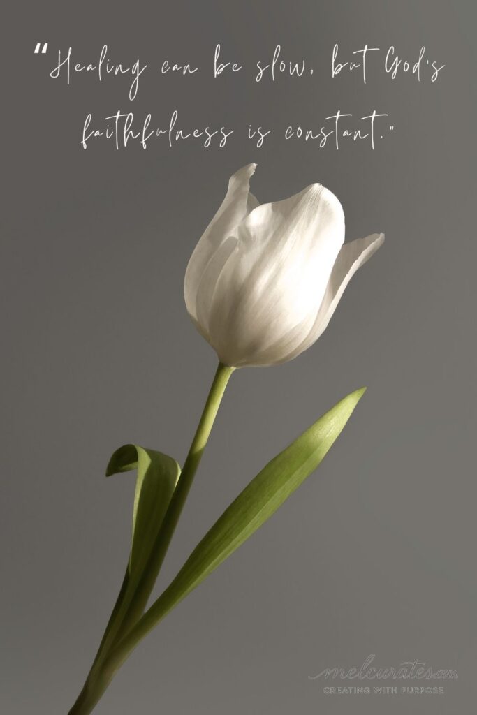 Single white tulip with golden backlight, symbolizing trusting God in the waiting and His constant faithfulness during healing.