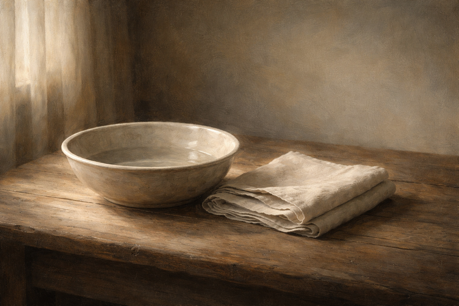 The Towel and the Basin still life with linen cloth and water basin in soft light, symbolising quiet reflection and foot washing. Holy Thursday reflection.