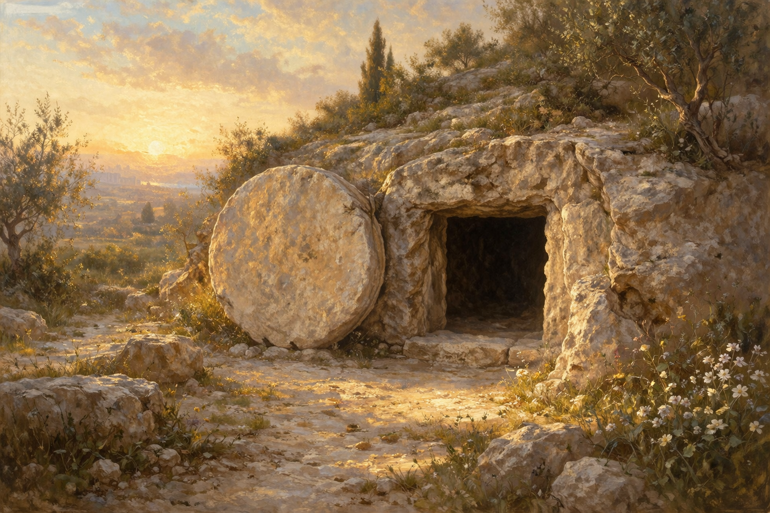 Easter watercolor illustration with an empty tomb and spring flowers symbolizing hope, renewal, and resurrection on textured ivory paper