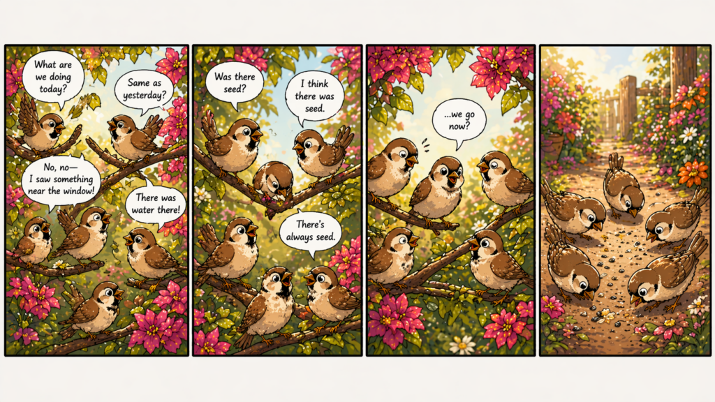 garden of Grace Sparrows morning meeting comic strip
