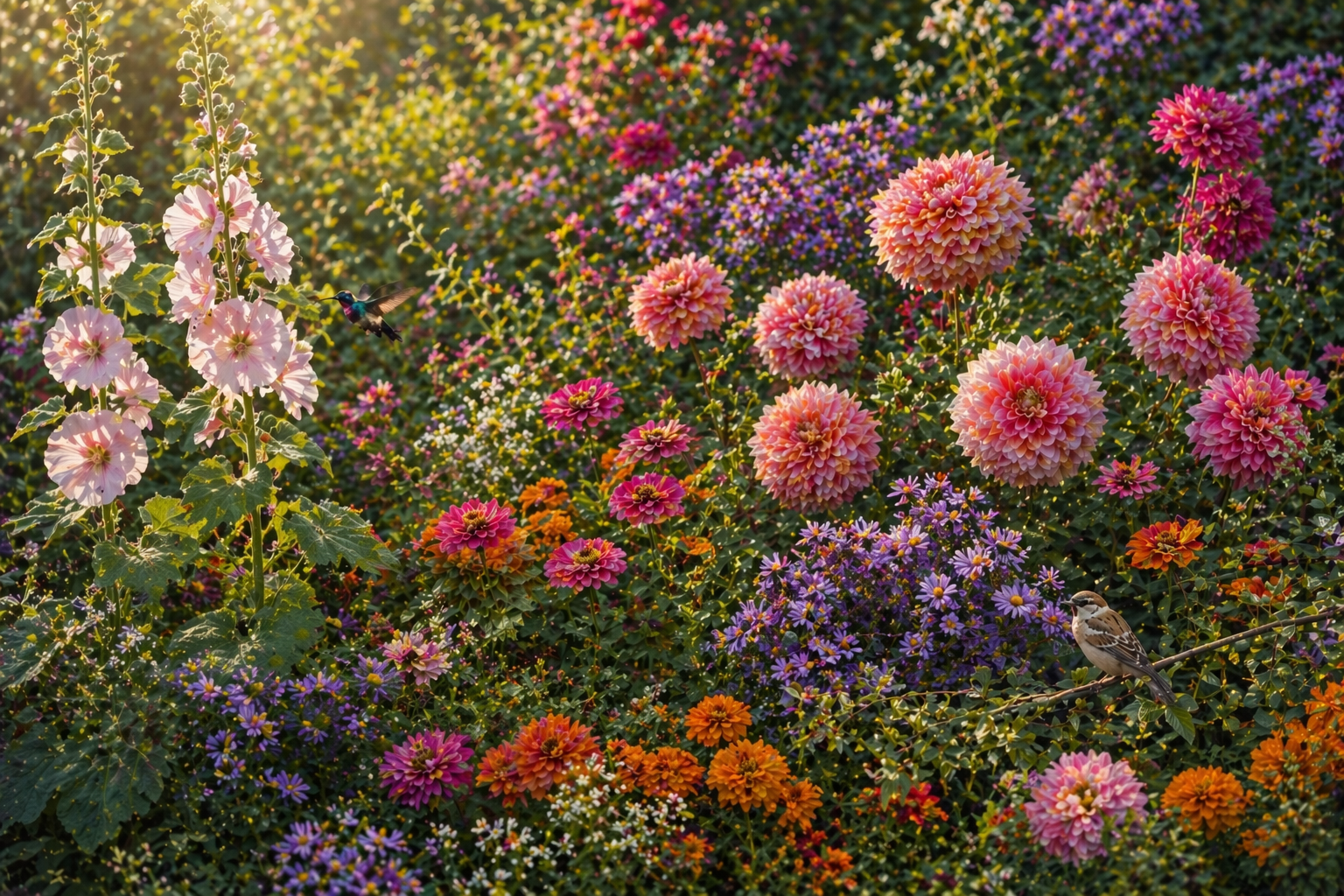 Garden of Grace filled with flowers, birds, and morning light, capturing joyful natural movement