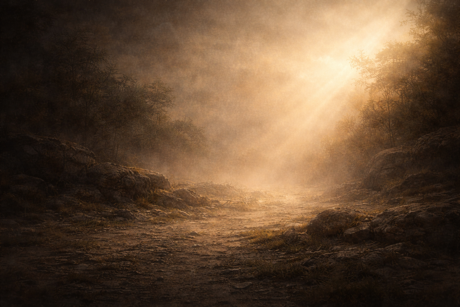 Good Friday reflection landscape with soft golden light breaking through shadow, symbolising redemption, hope, and quiet renewal