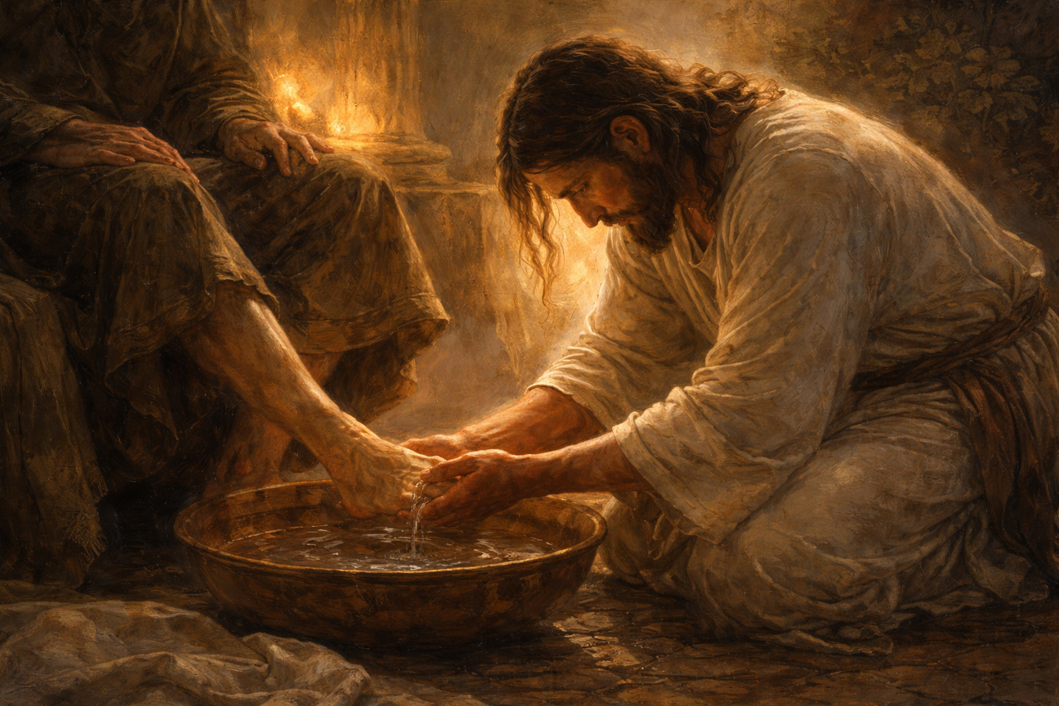 Holy Thursday candlelit room with soft shadows, quiet table setting, and gentle light reflecting a Last Supper reflection atmosphere