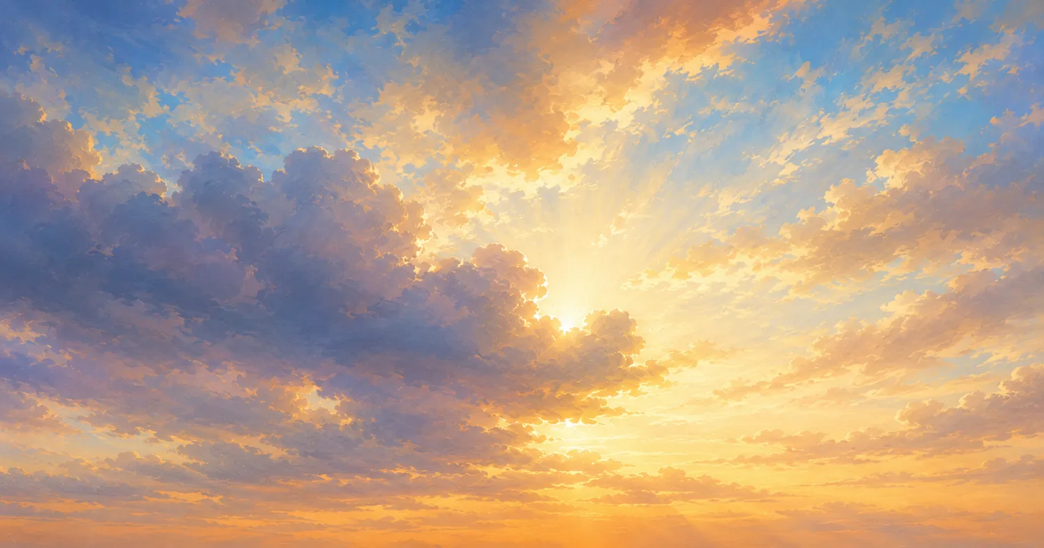 Painterly May sky with soft storm clouds parting as warm golden sunlight breaks gently through, symbolising hope, peace, faithfulness, and gentle days after sorrow and uncertainty.