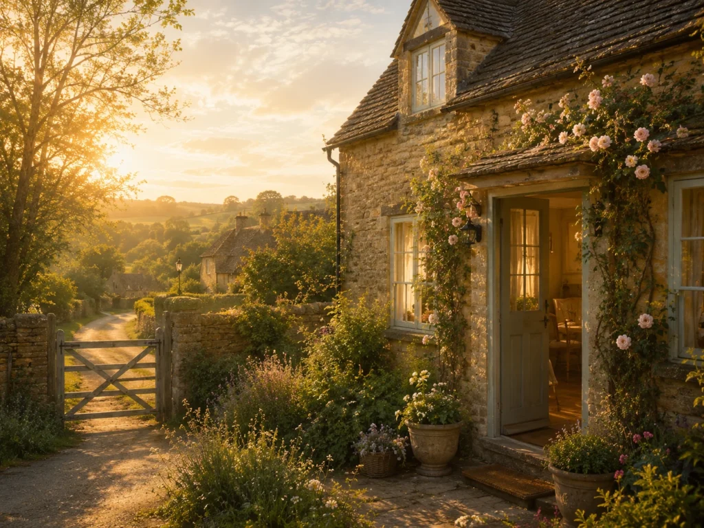 Warm Cotswold stone cottage glowing in lingering golden evening light surrounded by roses, spring flowers, and peaceful countryside stillness.