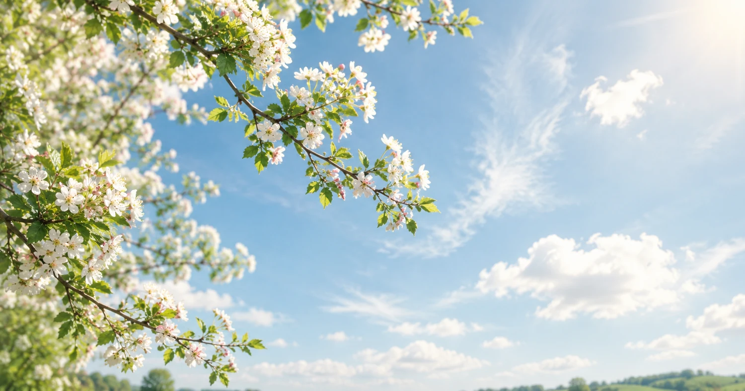 Airy English spring sky with hawthorn blossom branches leaning into luminous afternoon light beneath wispy clouds and soft blue open skies.