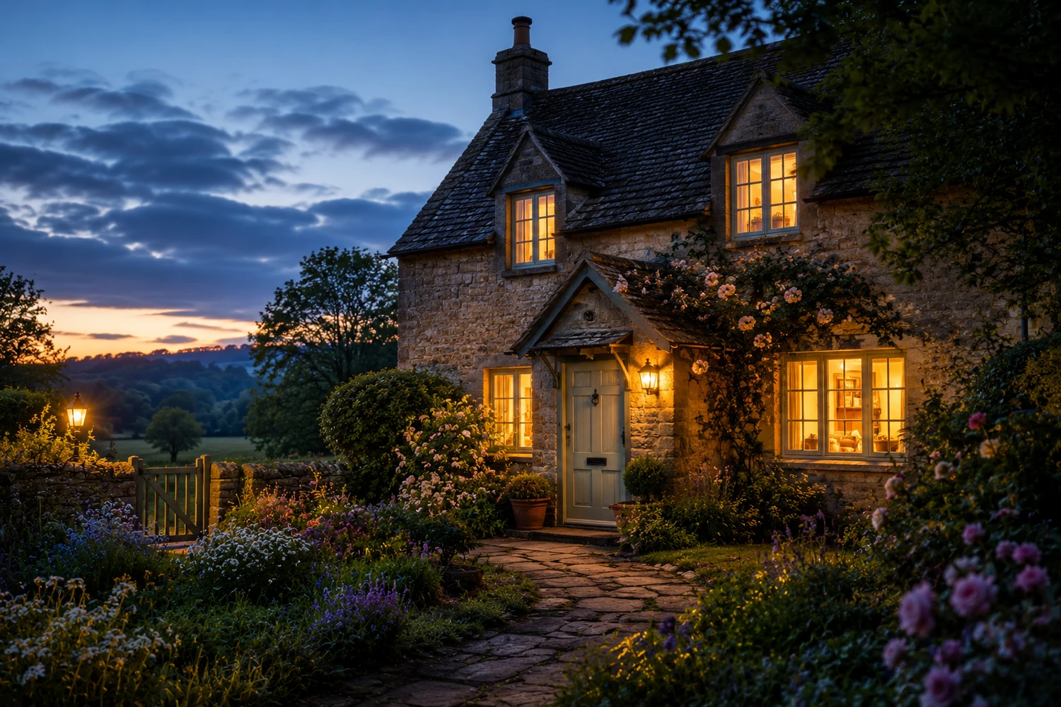 Warmly illuminated Cotswold cottage at dusk with glowing windows, garden flowers, and a winding path, symbolising love, belonging, faithfulness, home, and the enduring love that stays.