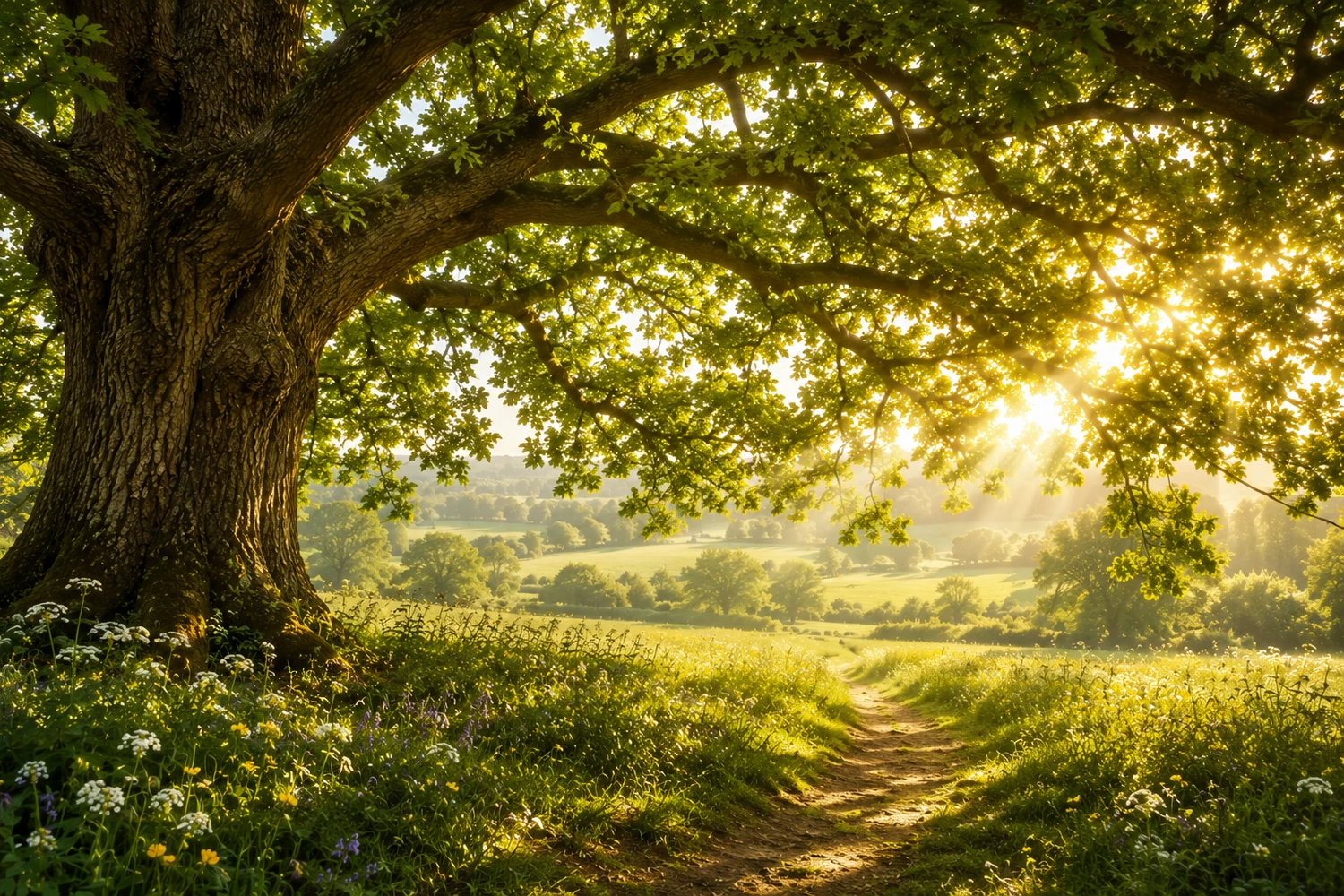 Ancient oak tree spreading its sheltering branches over a sunlit meadow filled with wildflowers and a winding path, symbolising fatherhood and faith, protection, and enduring love.