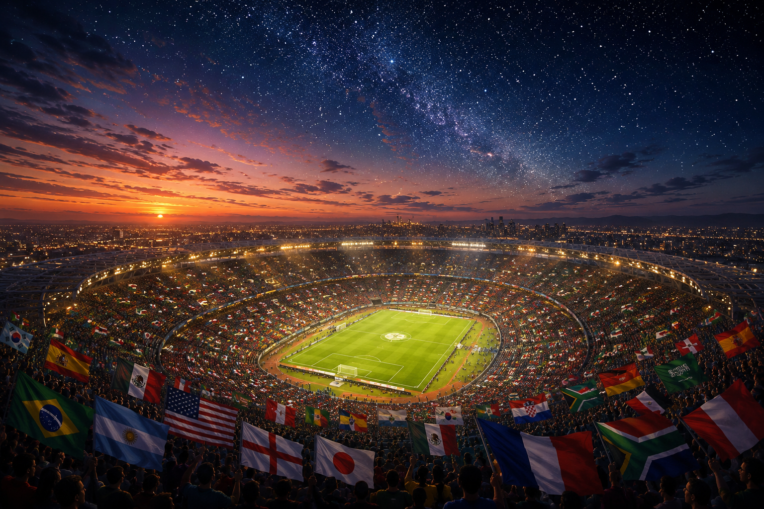 World Cup & Faith: A painterly aerial view of an international football stadium filled with supporters from many nations beneath a vast evening sky.