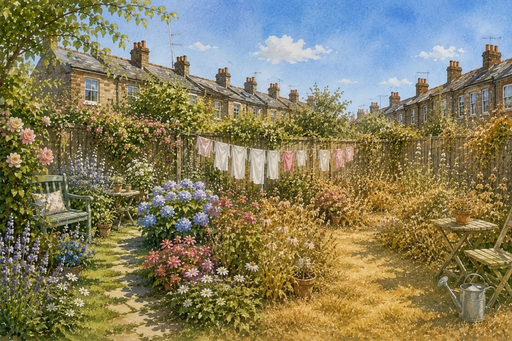 A British garden transitioning from colourful summer flowers to golden, sunlit blooms during a British heatwave.