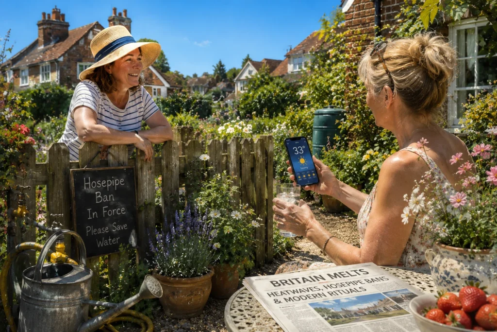 Two neighbours chatting over a garden fence while checking the weather forecast on a sunny summer afternoon.