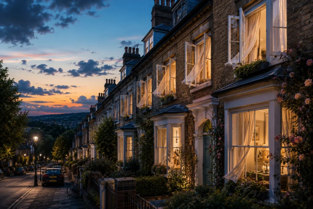 A quiet British residential street at 9:30 pm with open windows, gently moving curtains and the last light of a summer evening.