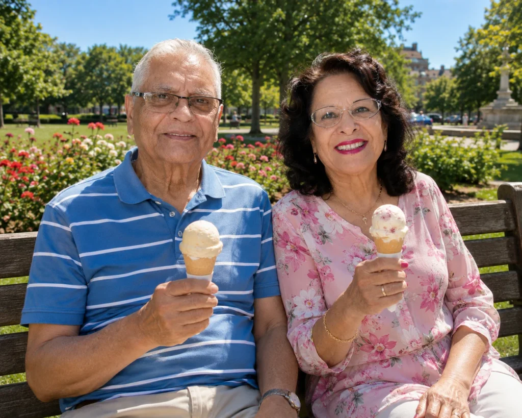 An elderly British couple enjoying ice creams on a park bench beneath bright summer sunshine during a British heatwave.