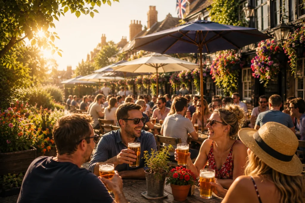 A busy British pub garden filled with people enjoying drinks beneath colourful umbrellas on a sunny afternoon.