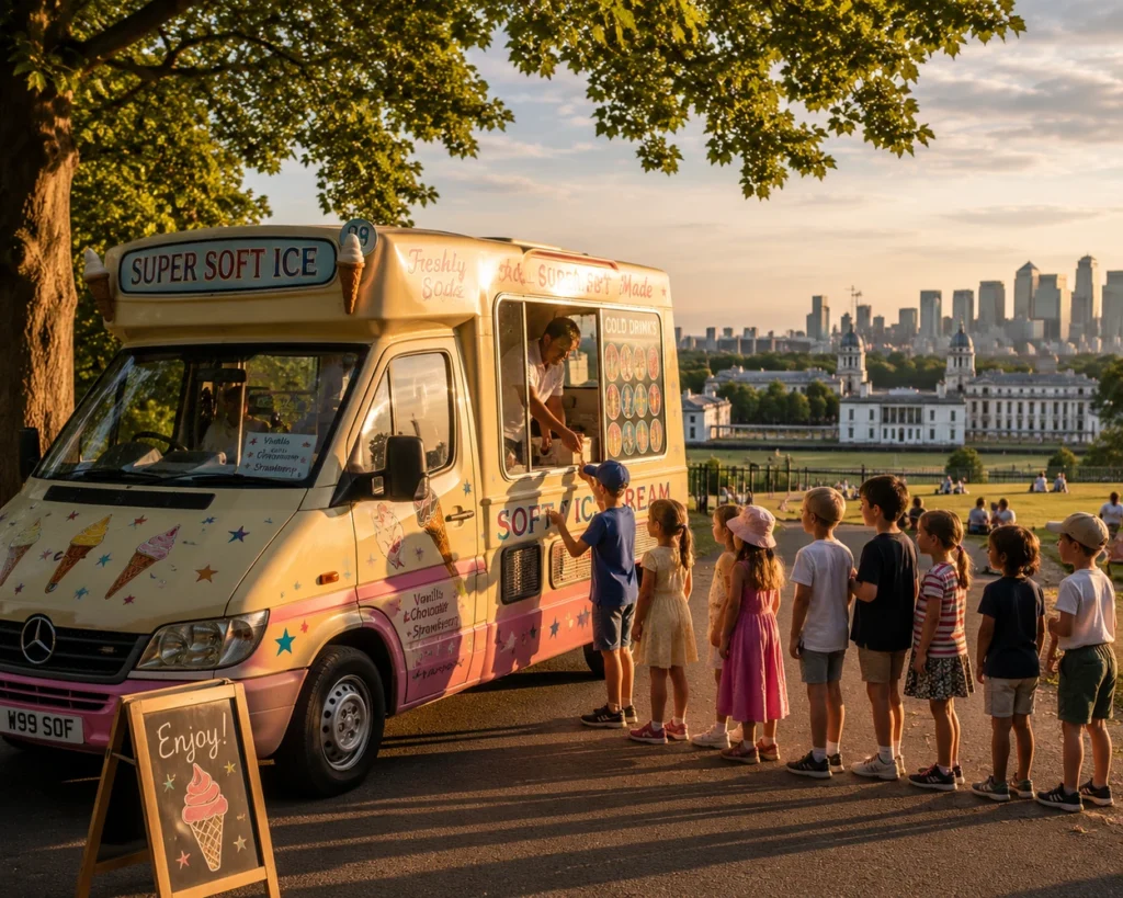 An ice cream van in Greenwich Park with the Queen's House and Canary Wharf beyond. British July mood.