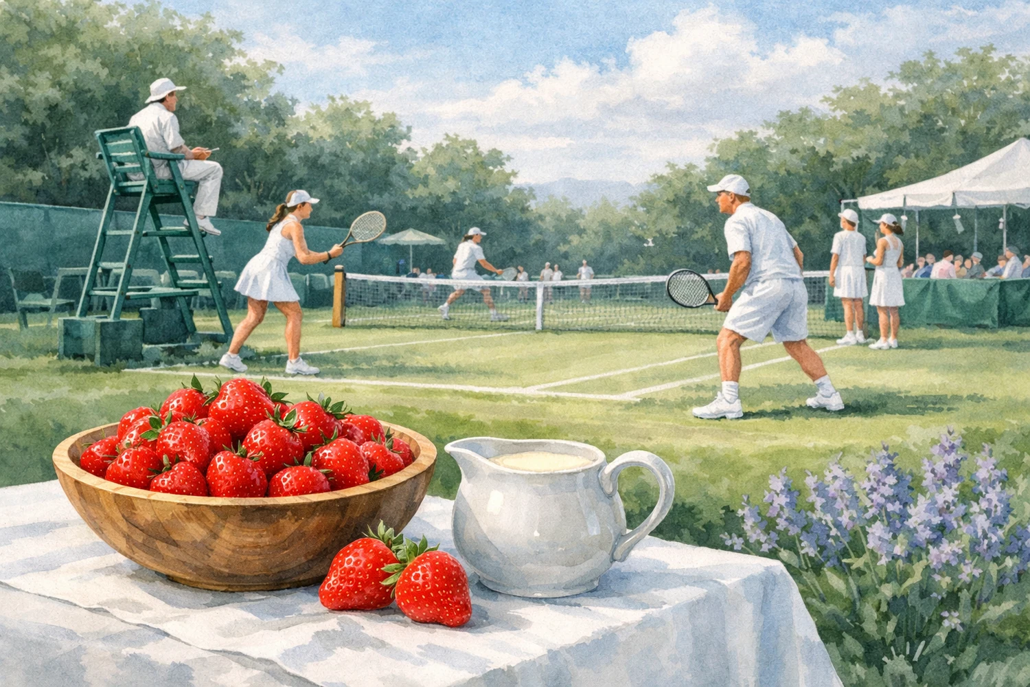 Wimbledon strawberries and cream beside a sunlit grass tennis court.