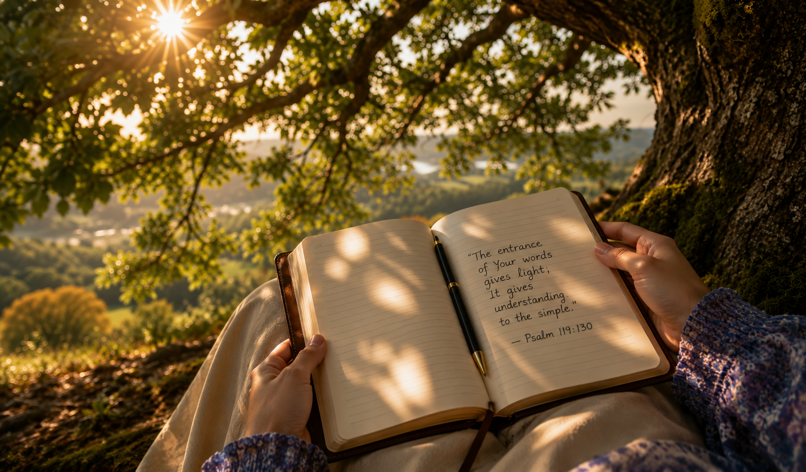 Psalm 119 journal beneath an oak tree with sunlight falling across the handwritten words of Psalm 119:130.