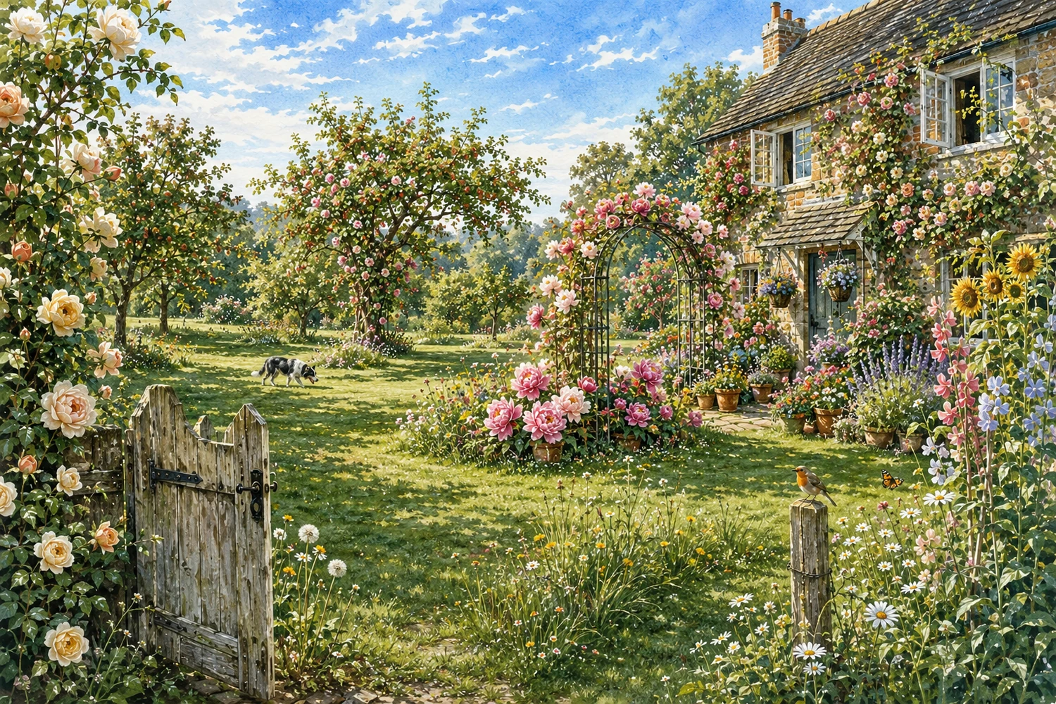 A British summer garden in full bloom in soft morning light