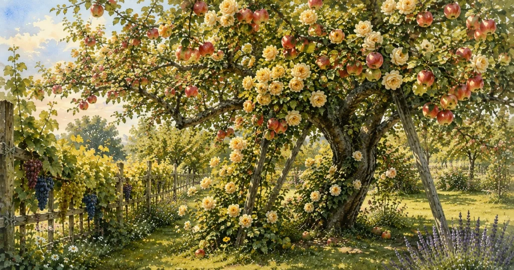 Roses climbing through an apple tree in a British summer garden orchard.