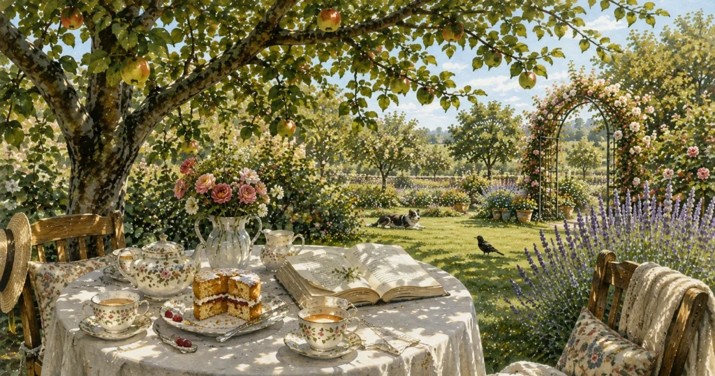 Tea beneath an apple tree in a British summer garden.