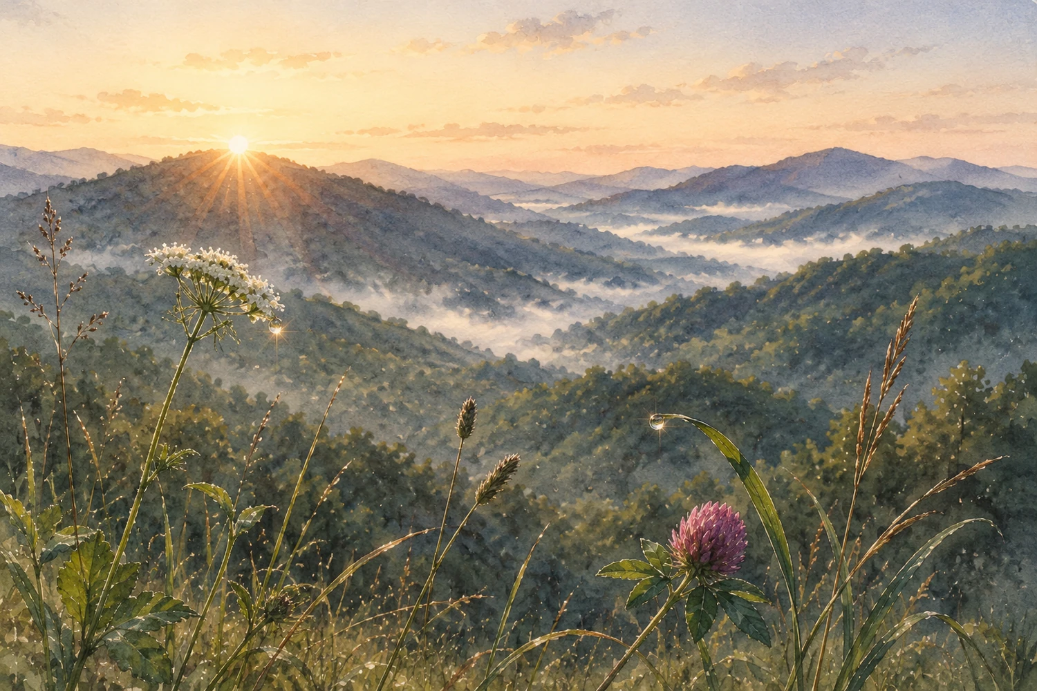 Smoky Mountains at sunrise in a watercolour tribute to Dolly Parton