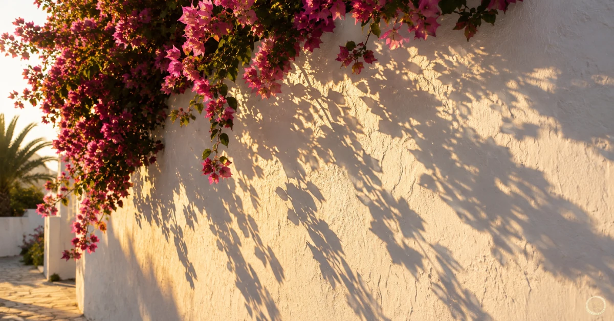 Late-summer sunlight falling across the garden wall with bougainvillea still in bloom at the end of summer.