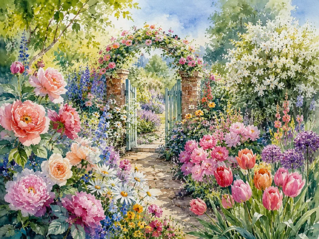 A rose and peony-covered arch leading into a British summer garden meadow.