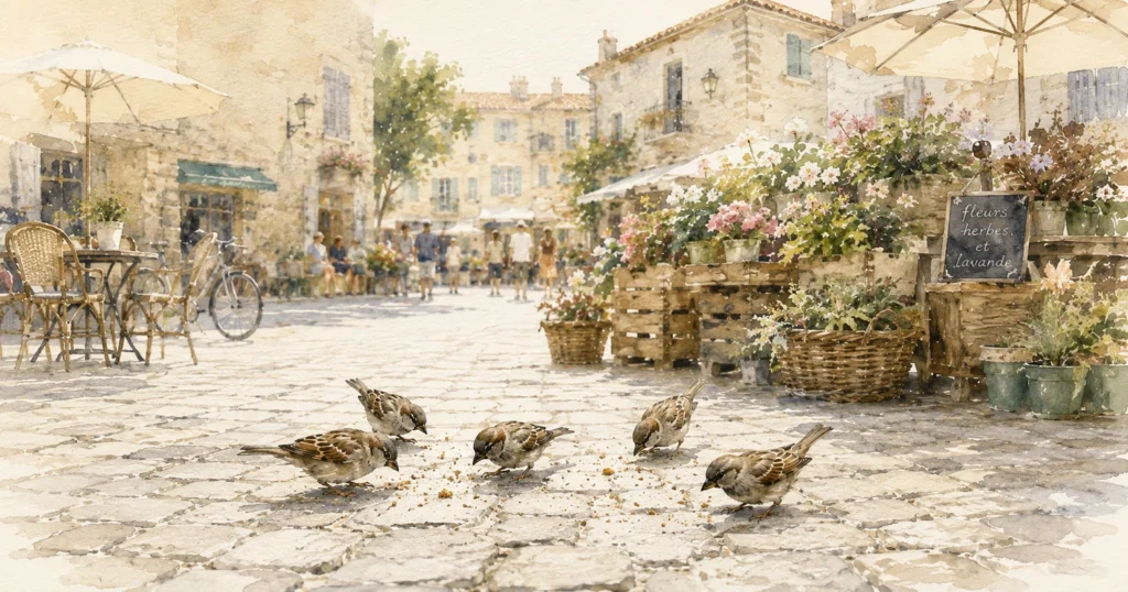Five sparrows gathering on the paving of a market square, inspired by Jesus’ words in Luke 12:6.