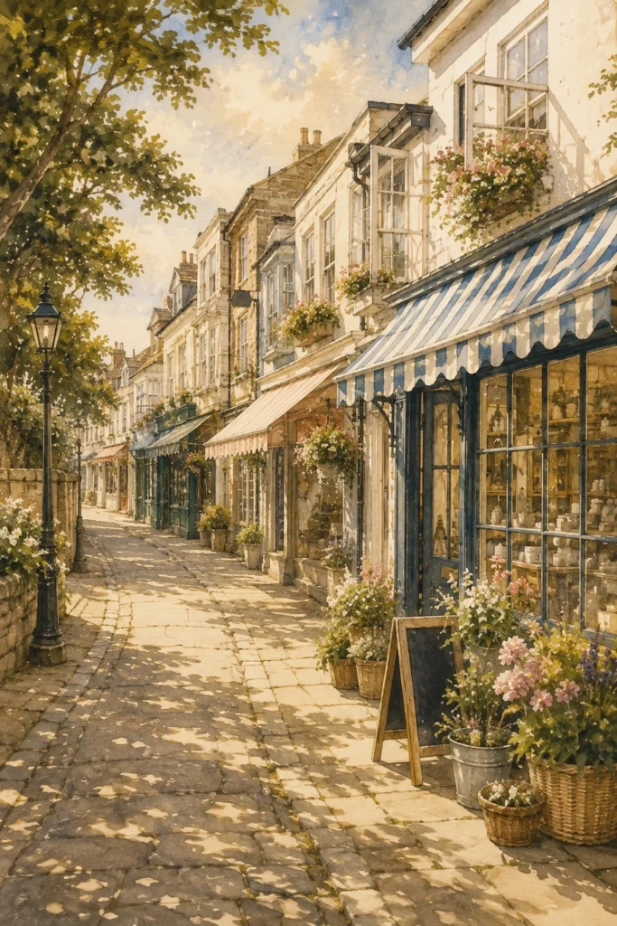 A quaint market street on the Isle of Wight in warm afternoon light.