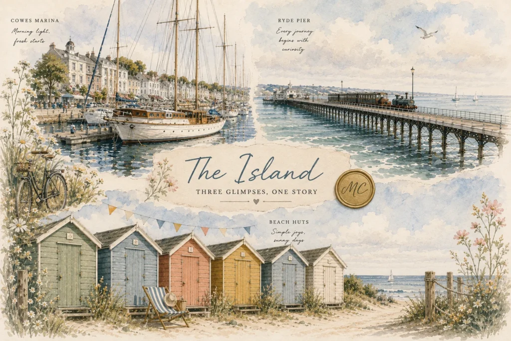 Beach huts, Cowes marina and Ryde pier — three glimpses of the Isle of Wight.