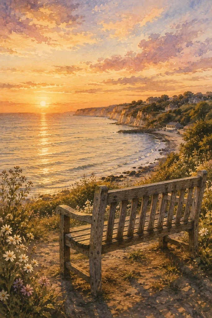 A bench facing the sea at sunset on the Isle of Wight.