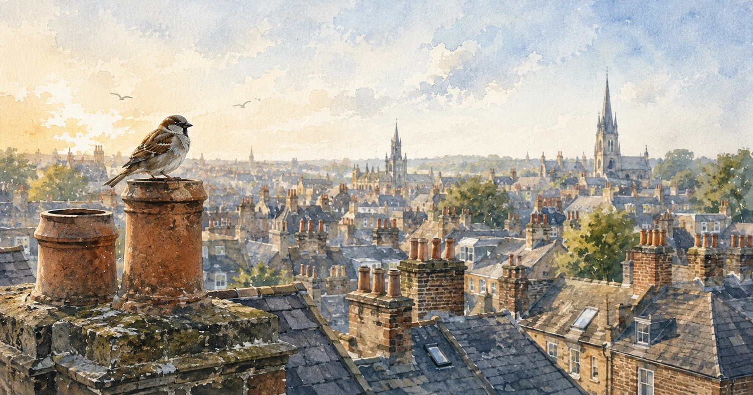 A sparrow perched above distant rooftops, illustrating Not One Is Forgotten and Luke 12:6–7.