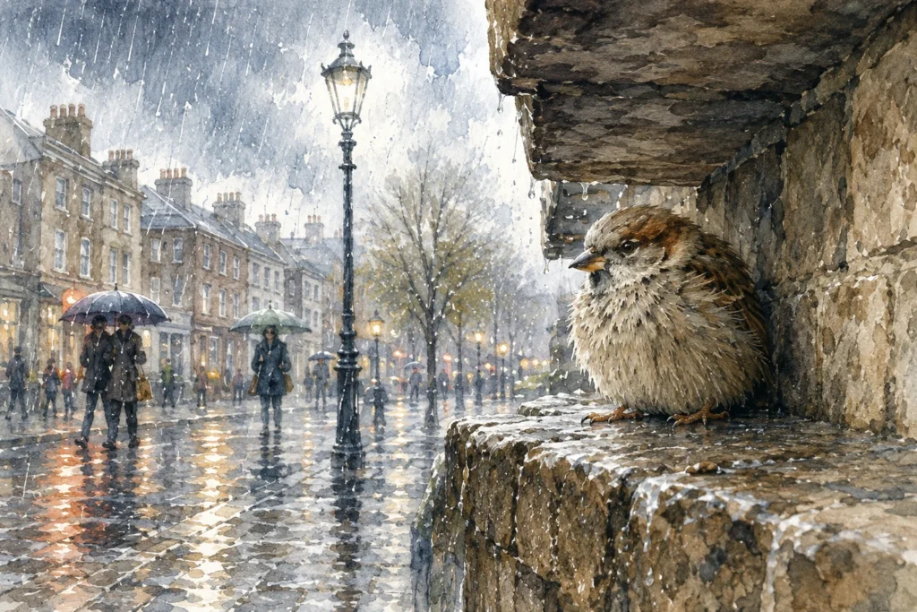 A small sparrow sheltering beneath the eaves while rain falls across the street beyond.