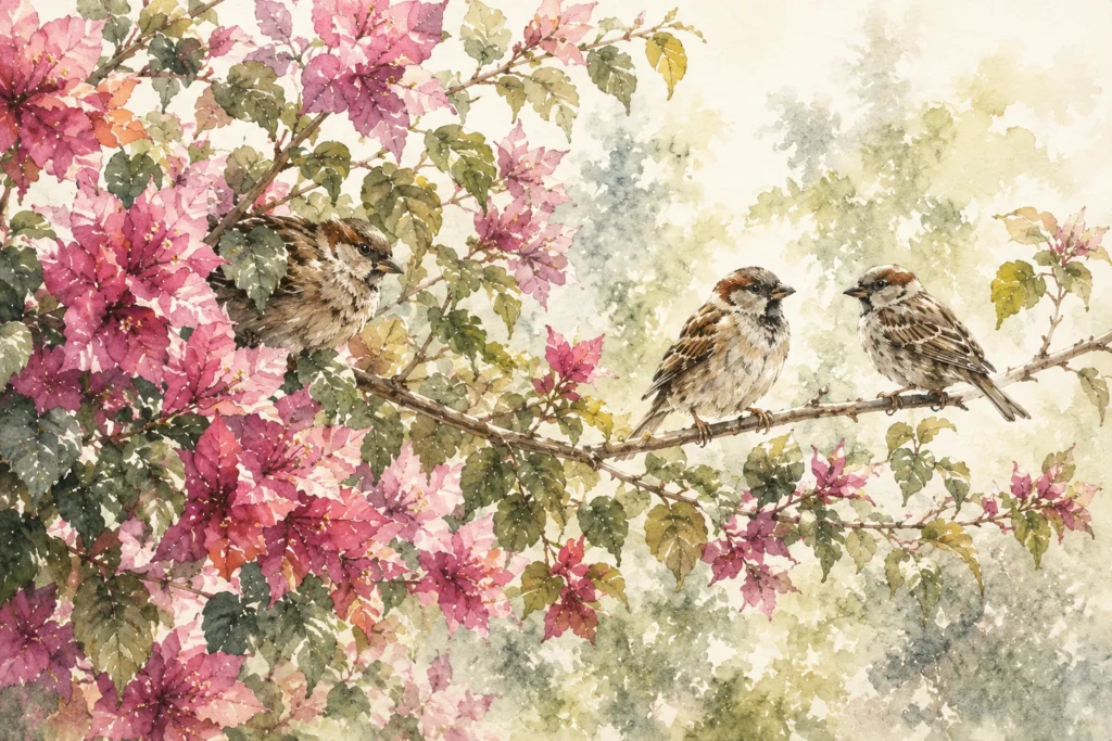 Sparrows almost hidden among bougainvillea branches, swaying together in the breeze.