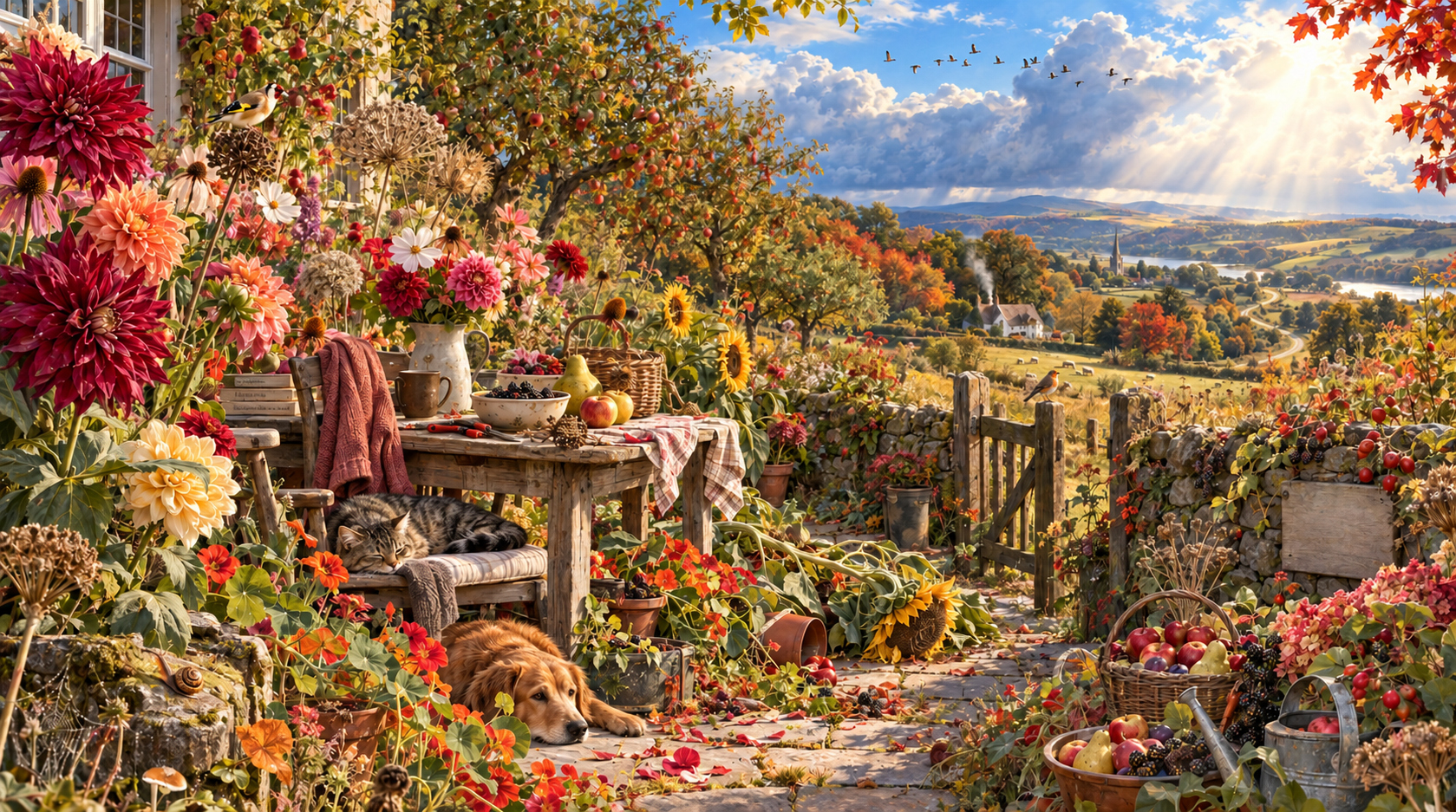 An Ode to September autumn garden filled with dahlias, seed heads, ripe fruit and early autumn colour overlooking the countryside.