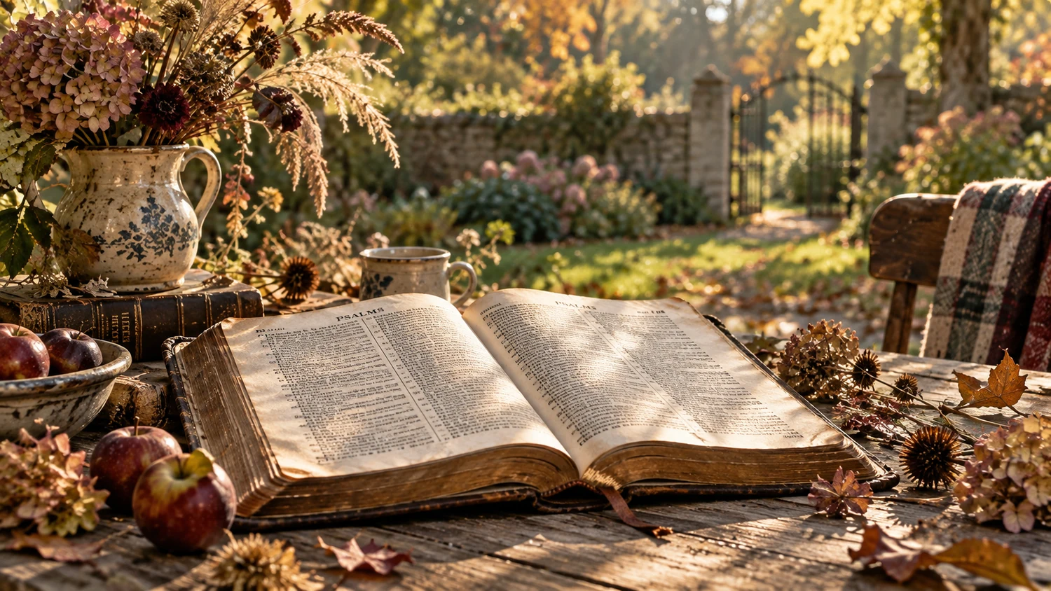 A weathered vintage Bible open to encouraging Bible verses on a rustic table in a transitioning autumn garden.