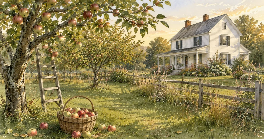 Ripe apples on a green orchard tree with a woven basket and fallen fruit beneath it near an American farmhouse. The Small Signs of Autumn worth noticing. 
