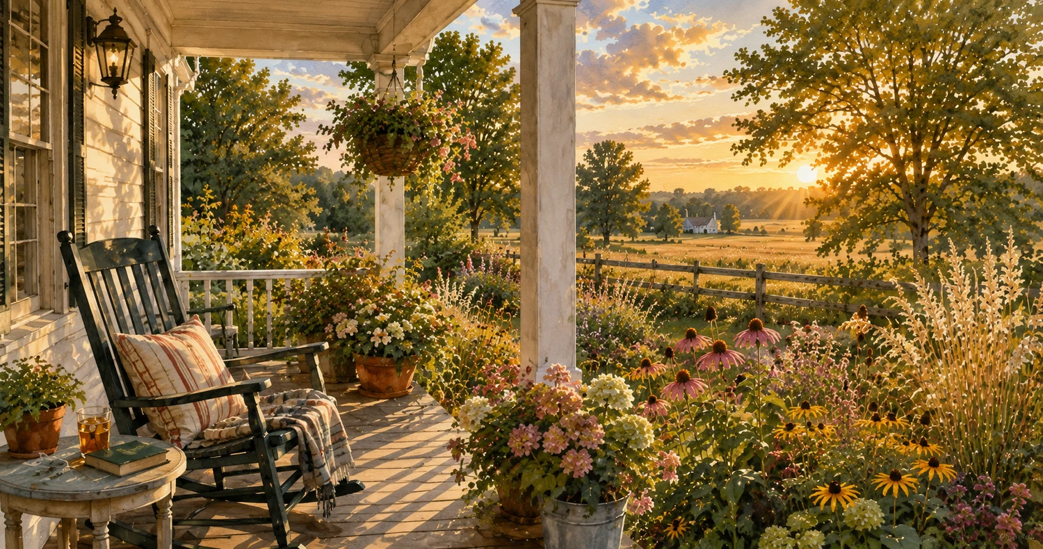 Small signs of autumn around an American front porch overlooking a late-summer garden in warm evening light.