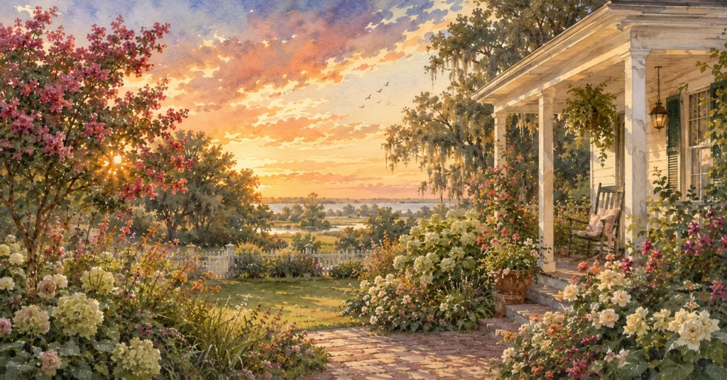 Southern American porch and flowering garden beneath a luminous late-summer evening sky.