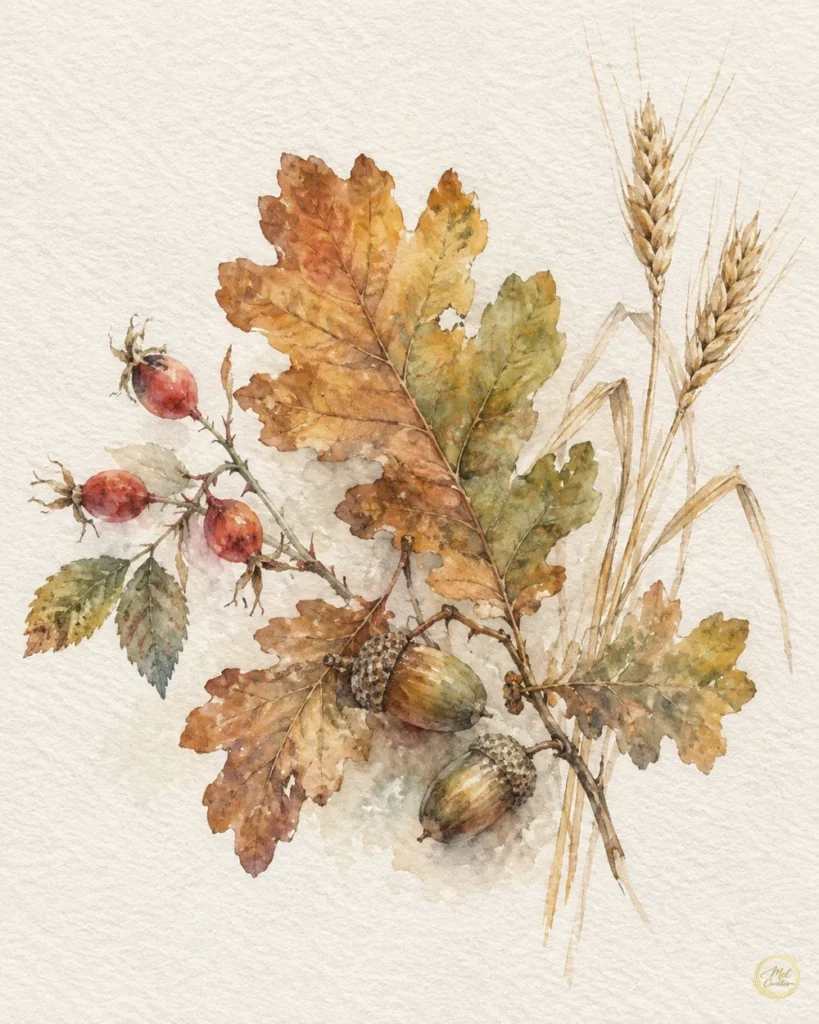 A traditional autumn watercolor study of oak leaves, acorns, rosehips and wheat in soft, restrained seasonal colour. A quiet piece of fall watercolor art inspired by gathered hedgerow finds.