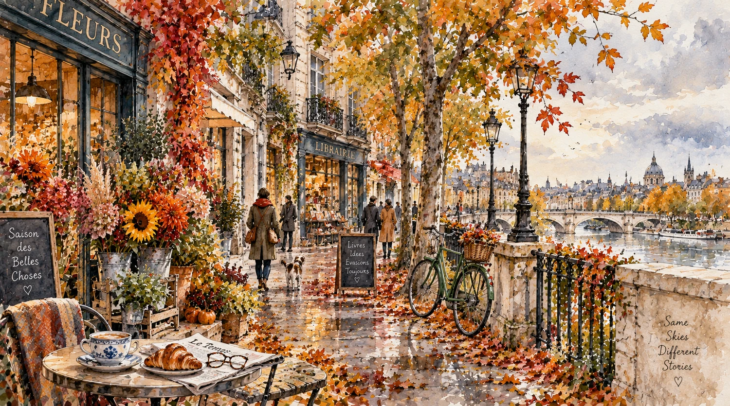 September autumnal landscape of a French street near te river with cafes, bookshops, people walking. Autumnal colours of russet, mustard and yellow-green.