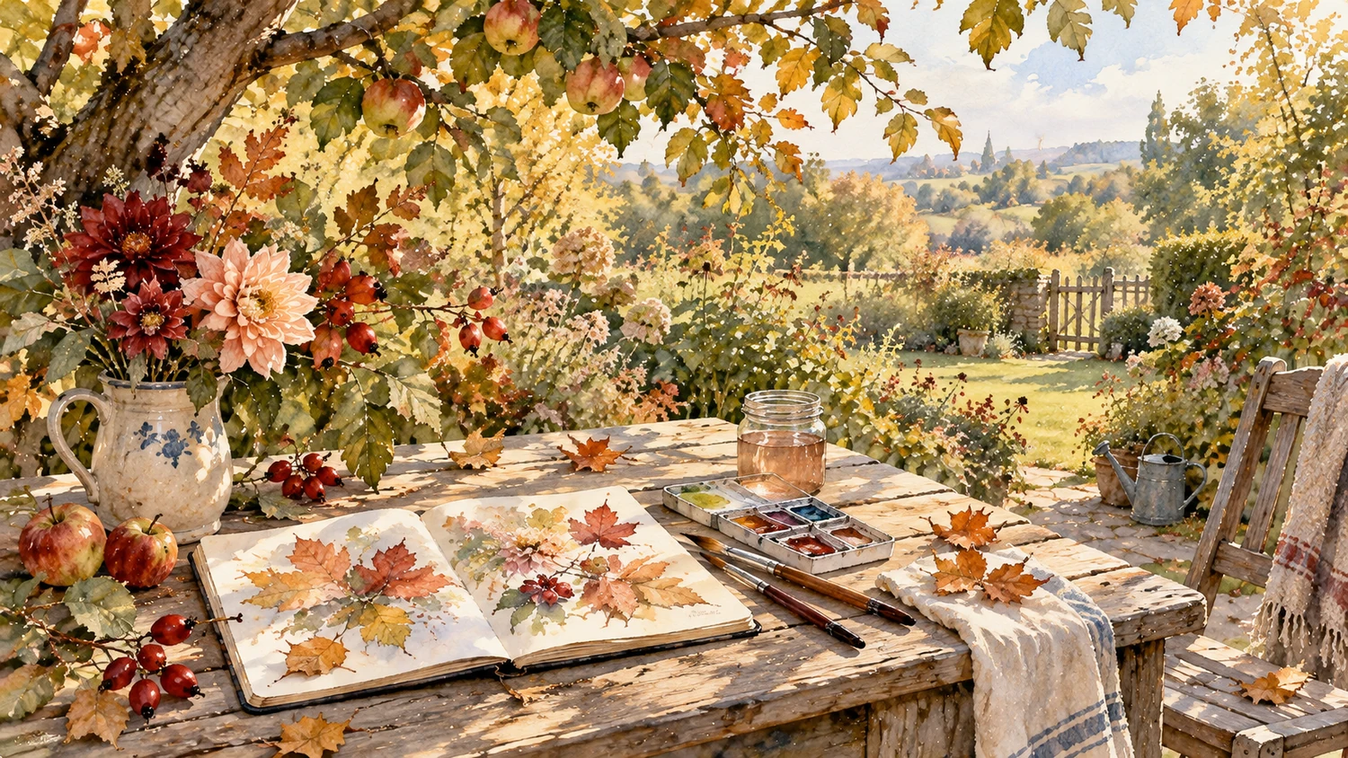 Autumn watercolor inspiration featuring an artist's garden table with a painted sketchbook, dahlias and golden autumn foliage